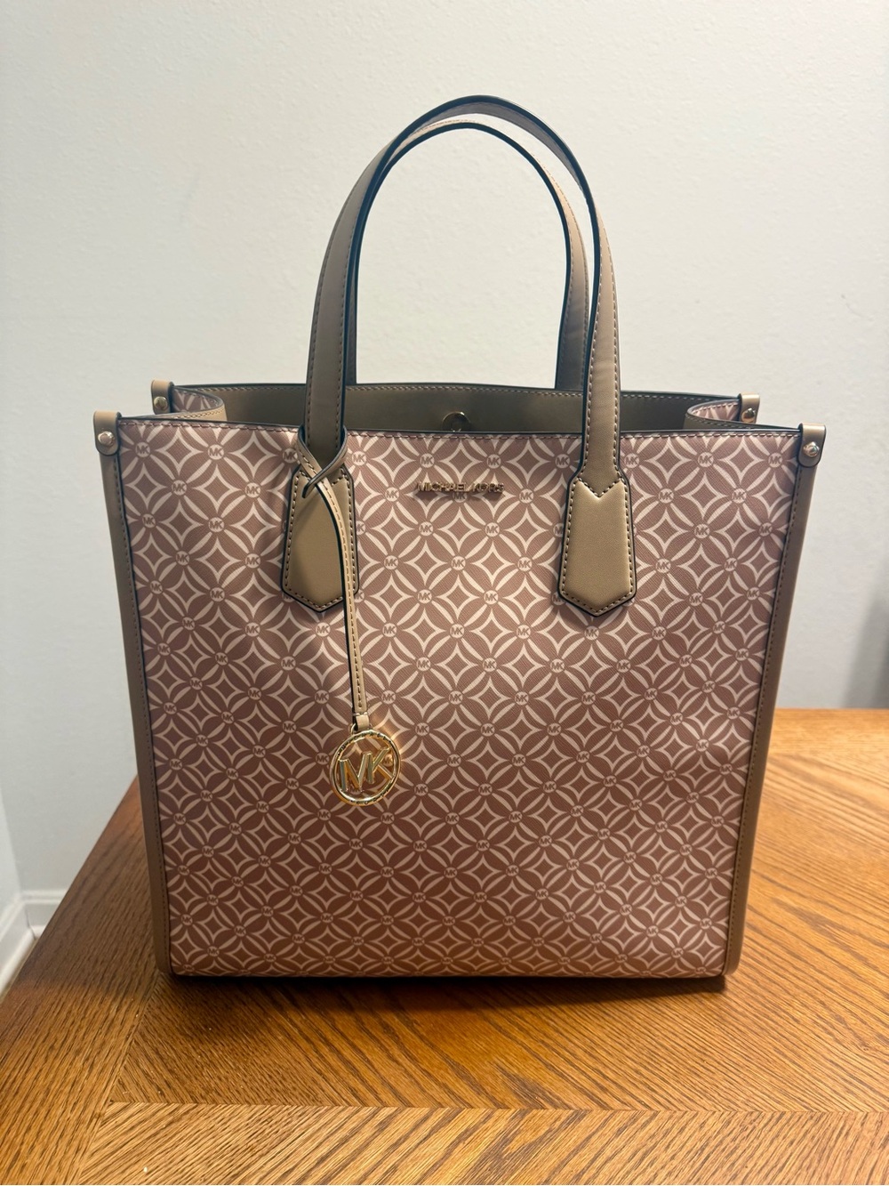 Michael Kors Brown Taupe Logo Print Tote Bag Gold MK Charm